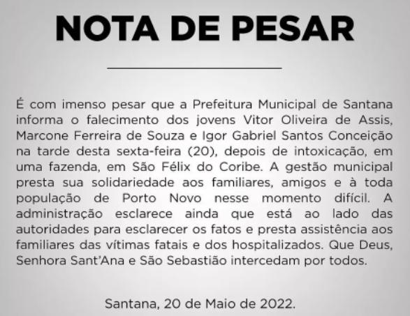 Três homens morrem e quatro são hospitalizados após ingerirem líquido supostamente envenenado em São Félix do Coribe